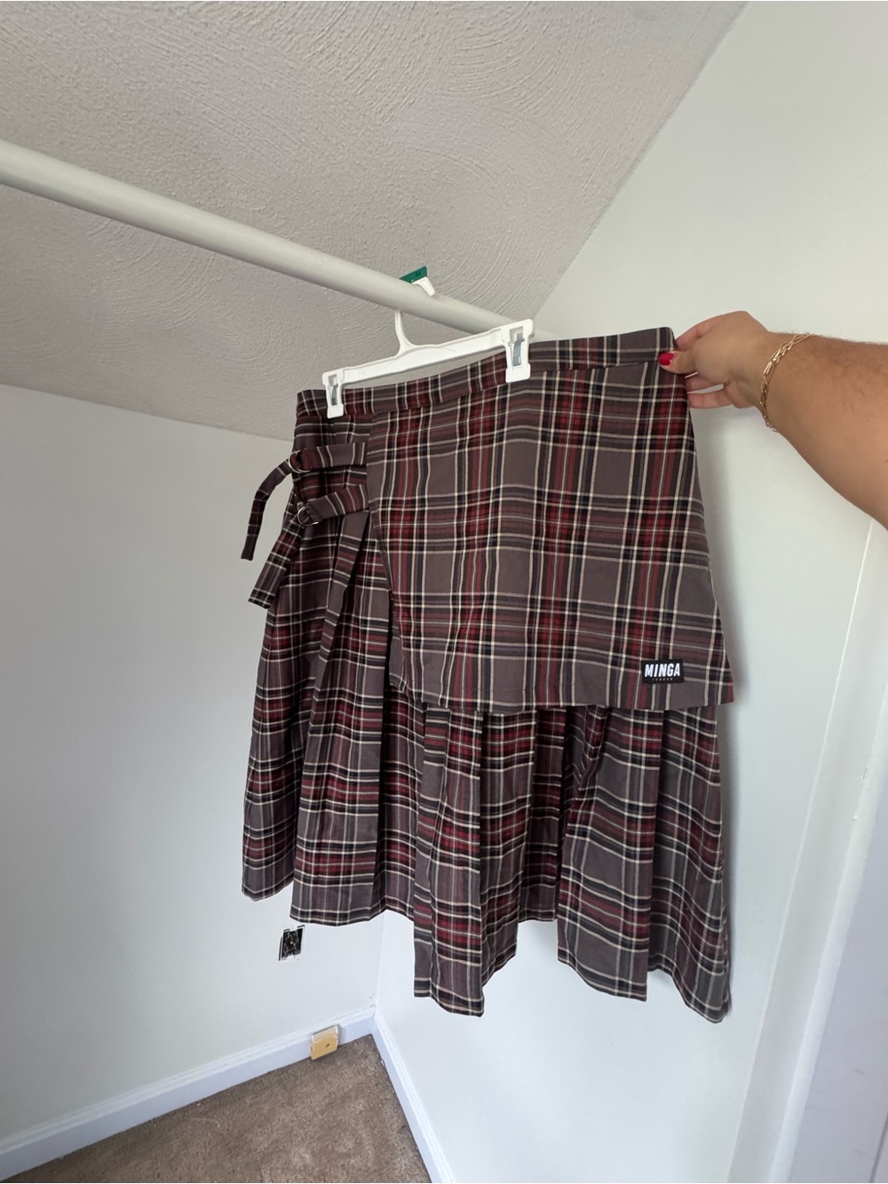 Minga Plaid A-Line Wrap Skirt in Brown and Red